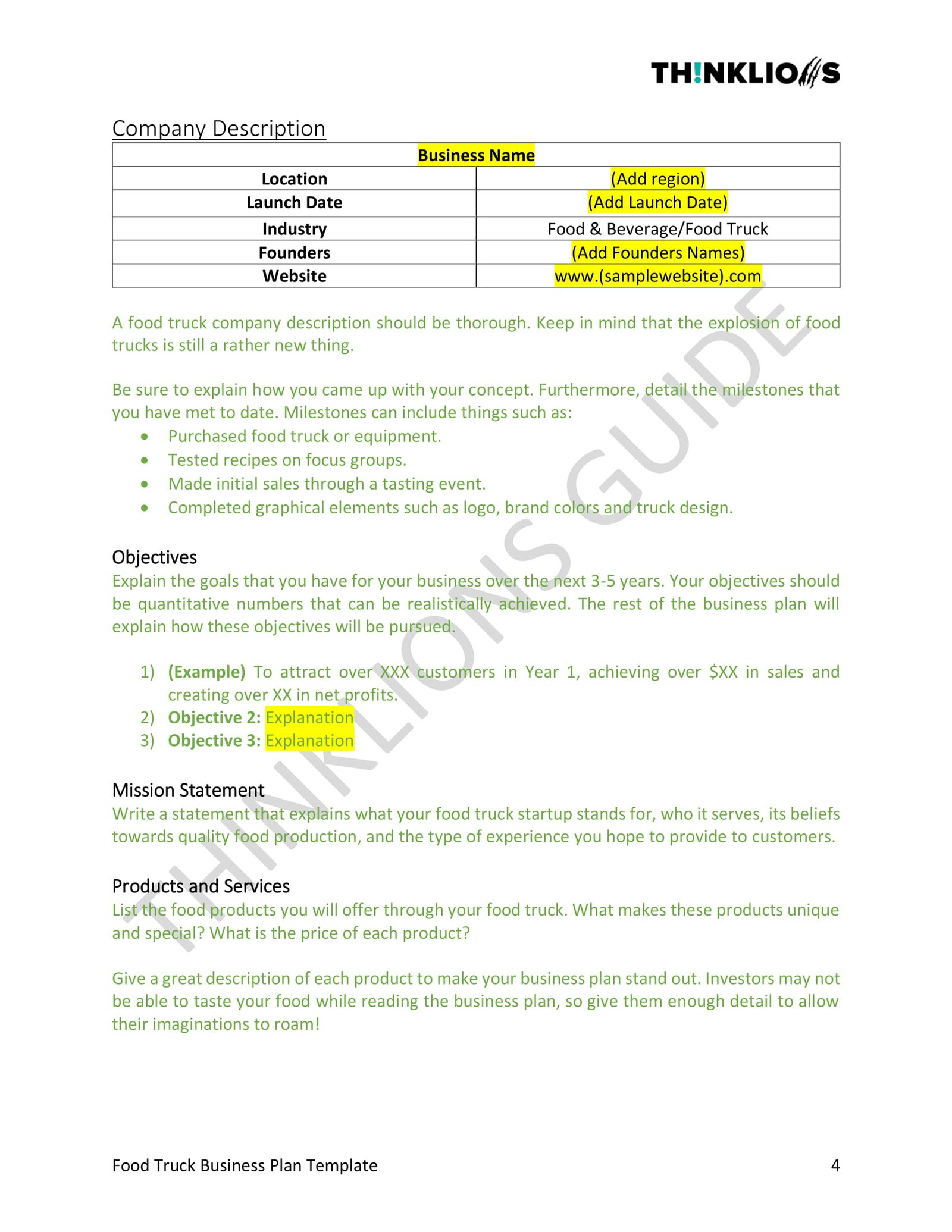 Food Truck Business Plan Template  ThinkLions With Business Plan Template Food Truck